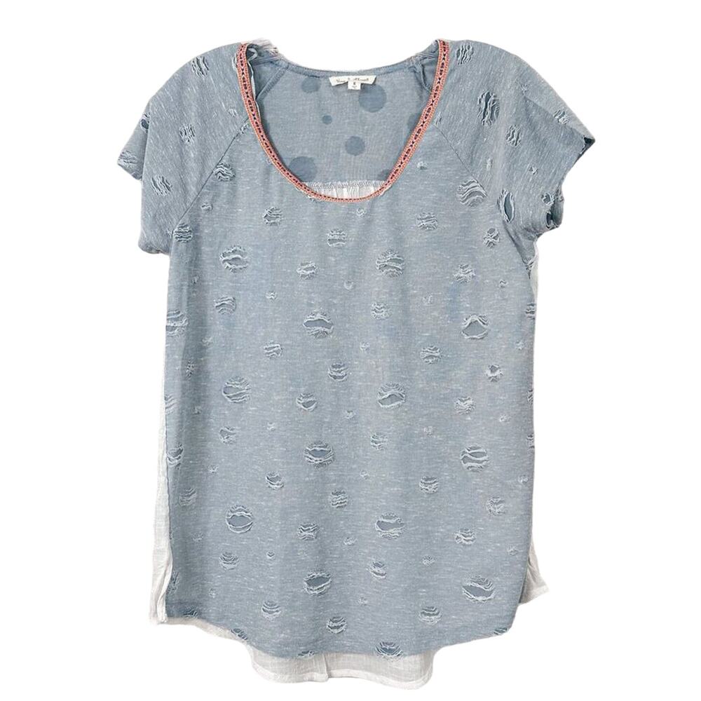 Hem & Thread Light Blue Distressed Short Sleeve Top with Coral Trim